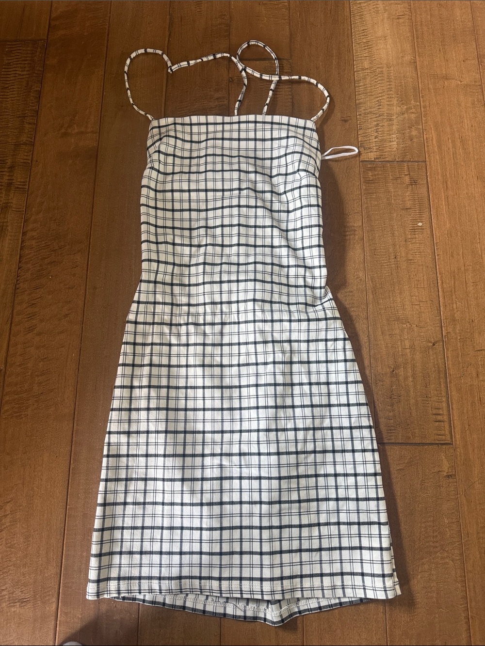 White & Black Plaid Spaghetti Strap Open Back Dress